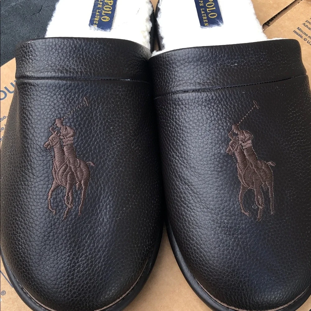 Polo by Ralph Lauren Dark Brown Leather  Big Pony Slip-On Slippers used 11/12